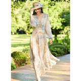 Womens Silk Maxi Dress Baroque Floral Print Sheer Sleeve Long Silk Dress