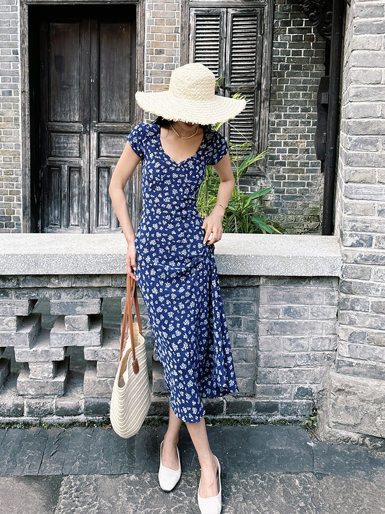 Womens Silk Maxi Dress Cap Sleeve Ditsy Floral Print Silk Dresses