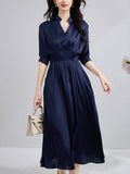 Womens Silk Midi Dress Draped V - Neck Cinched Waist Long Silk Dress Navy Blue XS