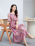 Womens Silk Midi Dress with Puff Sleeves Crew Neck Silk Floral Dress Pink XS