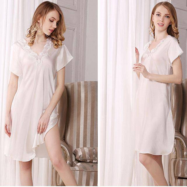 V neck Women Silk Nightgown with lace short sleeves silk sleepwear - slipintosoft