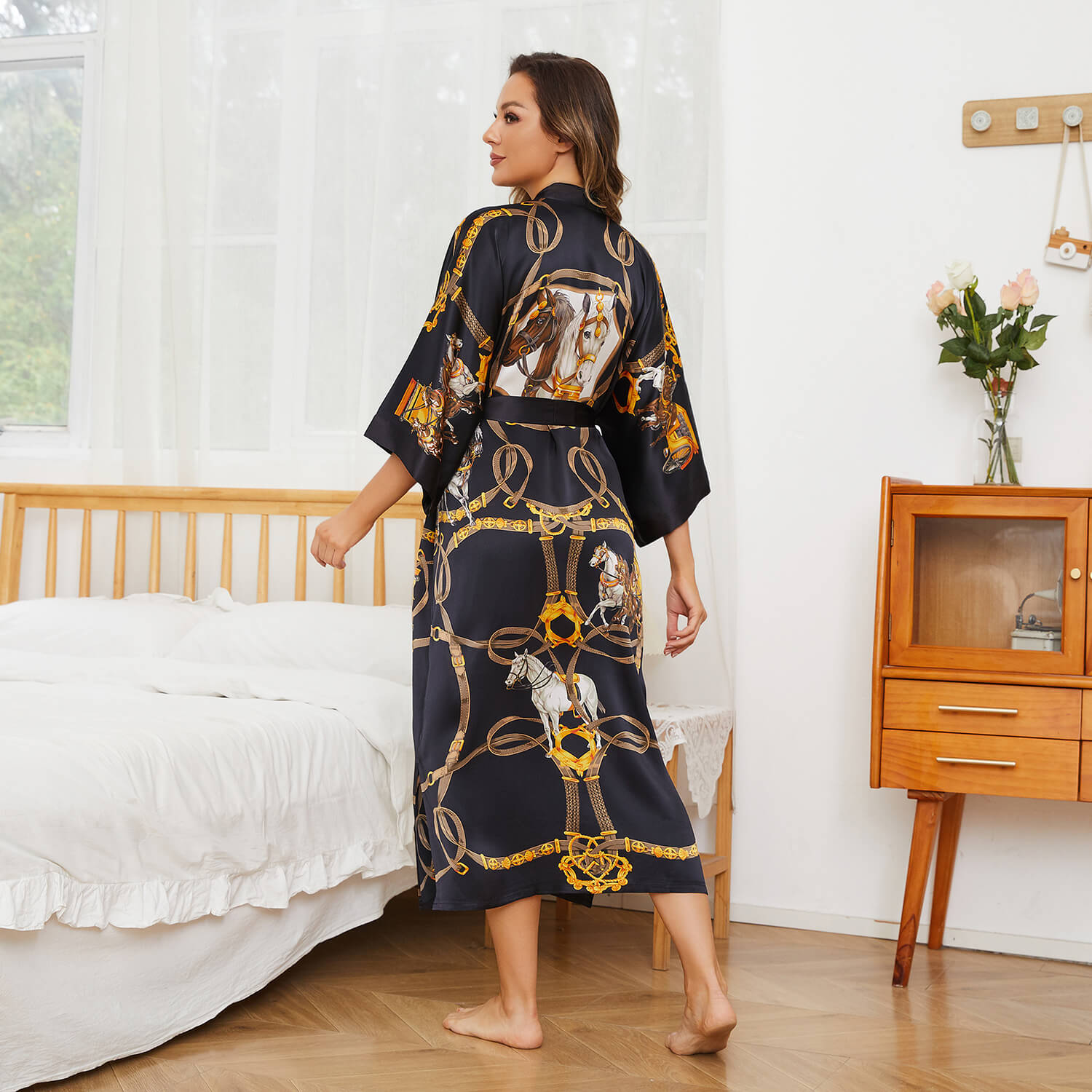 Womens Silk Robe Hand Painted Horse Print Silk Kimono Robes