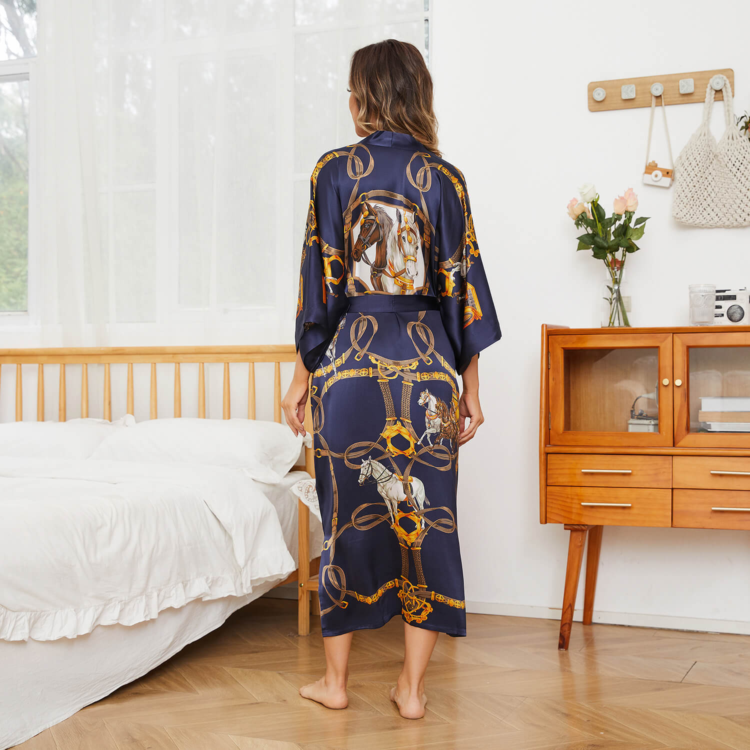 Womens Silk Robe Hand Painted Horse Print Silk Kimono Robes