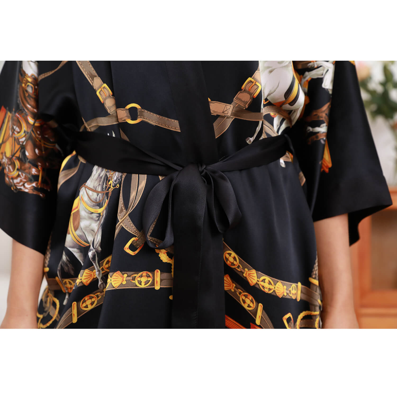 Womens Silk Robe Hand Painted Horse Print Silk Kimono Robes