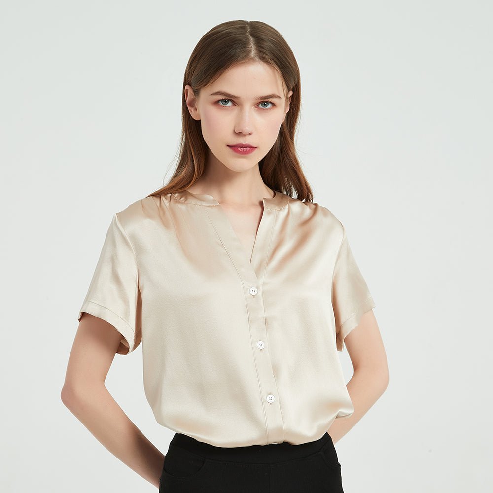 Women Short Sleeve Silk Blouse V Neck Silk Shirts Tops for Women - slipintosoft