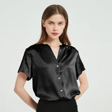 Women Short Sleeve Silk Blouse V Neck Silk Shirts Tops for Women - slipintosoft