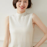 Womens Mock Neck Sleeveless Knit Cashmere Vest With Ribbed Hem