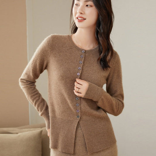 Women's Slim Fit Cashmere Cardigan Sweater Round Neck Button-Down Tops - slipintosoft