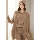 Women's Solid Color 100% Cashmere Button-Down Polo-Neck Cardigan - slipintosoft