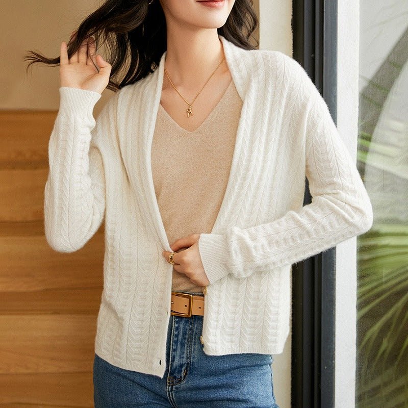 Women's Solid Color Cable-Knit 100% Cashmere Button-Down V-Neck Cardigan - slipintosoft