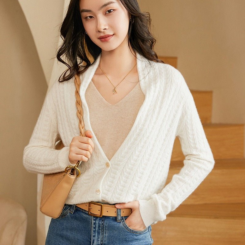 Women's Solid Color Cable-Knit 100% Cashmere Button-Down V-Neck Cardigan - slipintosoft