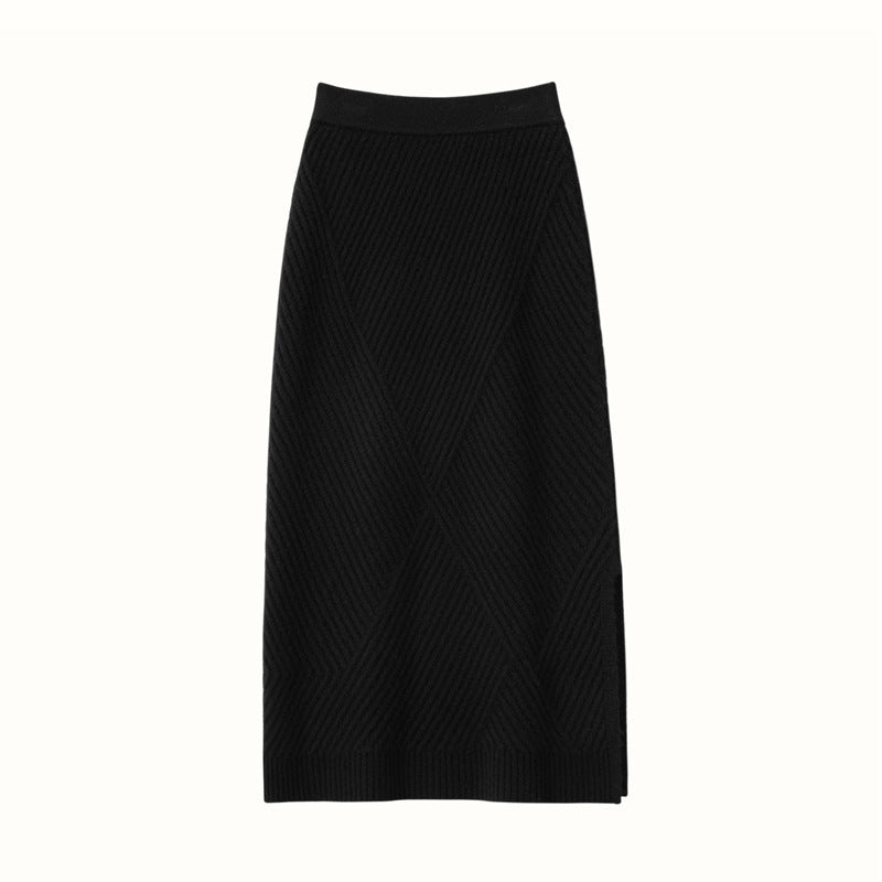 Lady Cashmere Knit Midi Skirt High Waist Textured Ribbed Sheath Dress