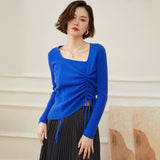 Womens Square Neck Cashmere Sweater Ruched Knit Cashmere Pullover Blue XS