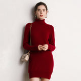 Womens Turtleneck Cashmere Dress Long Sleeve Knit Mini Sweater Dress Claret XS