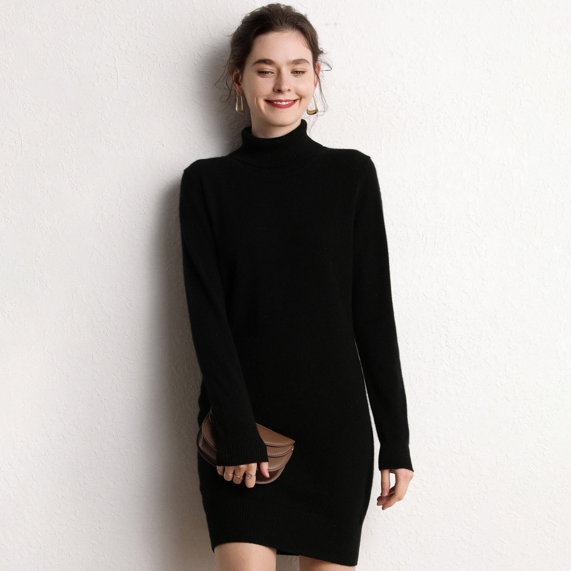 Womens Turtleneck Cashmere Dress Long Sleeve Knit Mini Sweater Dress Black XS