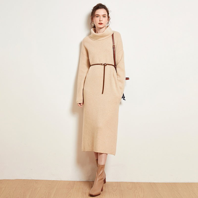 Women's Turtleneck Cashmere Dresses Warm Long Cashmere Basic Midi Dress - slipintosoft