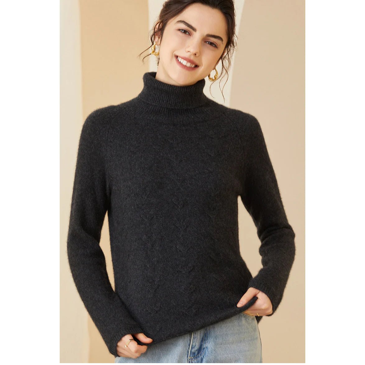 Women's Funnel- Neck Cashmere Sweater Long Sleeve Pullover Cashmere Sweater - slipintosoft