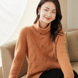 Women's Turtleneck Cashmere Sweater Solid Cable-Knitted Pullover Tops - slipintosoft