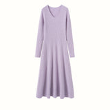 Womens V Neck Cashmere Dress Ribbed Knit Long Sleeve Cashmere Maxi Dress Purple XS