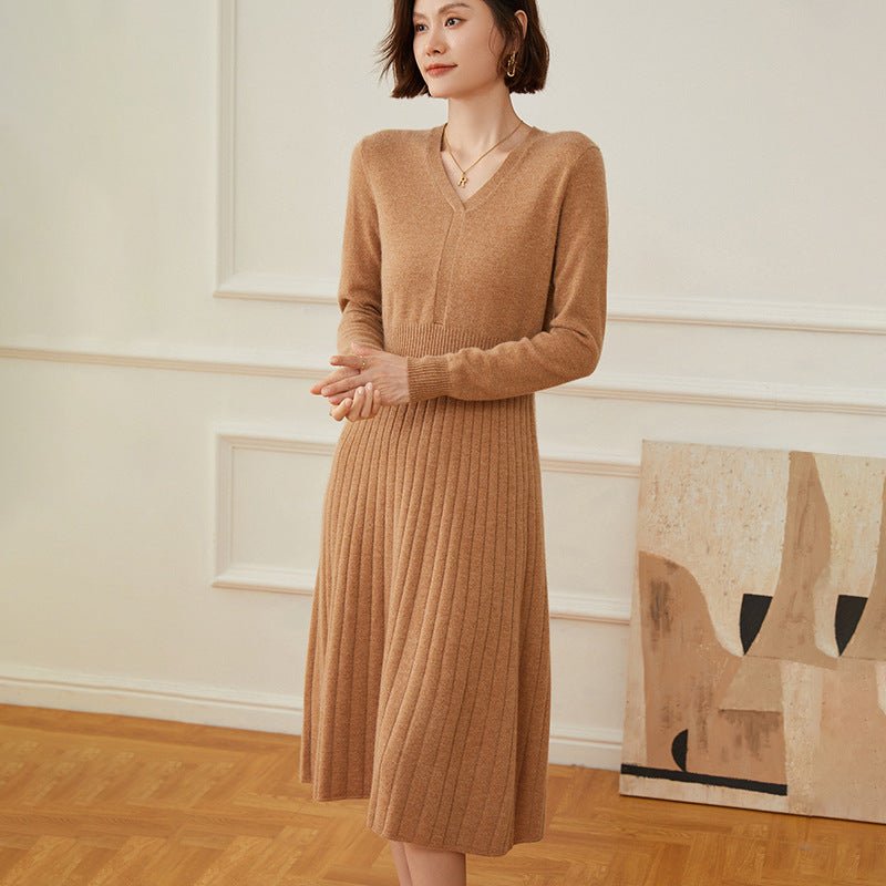 Womens Cashmere Ribbed Knit A - Line Dress Long Sleeve V Neck Midi Dress