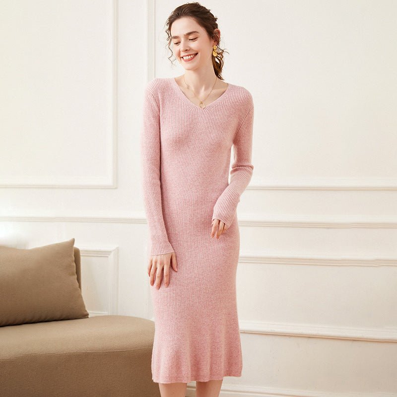 Womens Cashmere Ribbed Knit Midi Dress V Neck Flared Hem Mermaid Dress