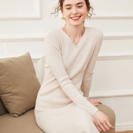 Women's V Neck Cashmere Dresses Rib-Knitted Cashmere Mermaid Dress - slipintosoft