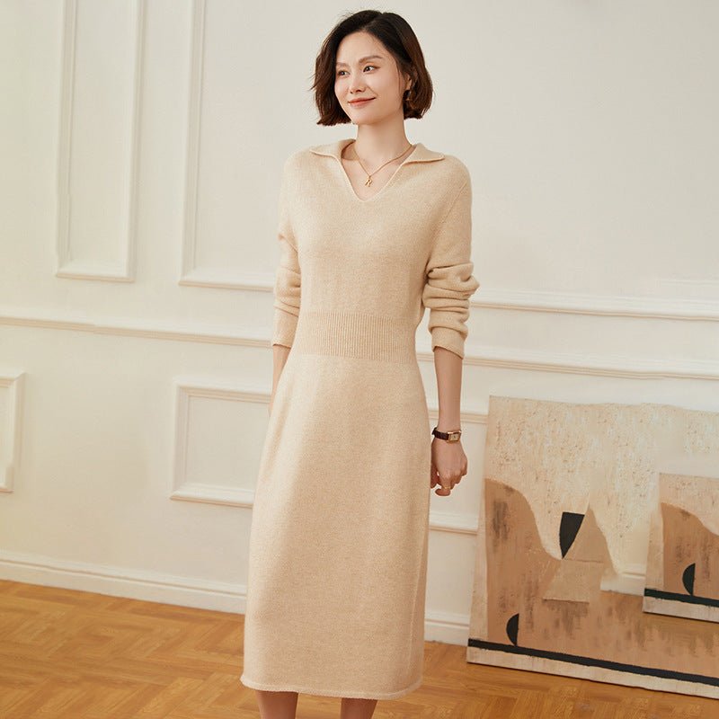 Women's V Neck Cashmere Dresses Tea Length Cashmere Waistband Midi Dresses - slipintosoft