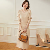 Women's V Neck Cashmere Dresses Tea Length Cashmere Waistband Midi Dresses - slipintosoft