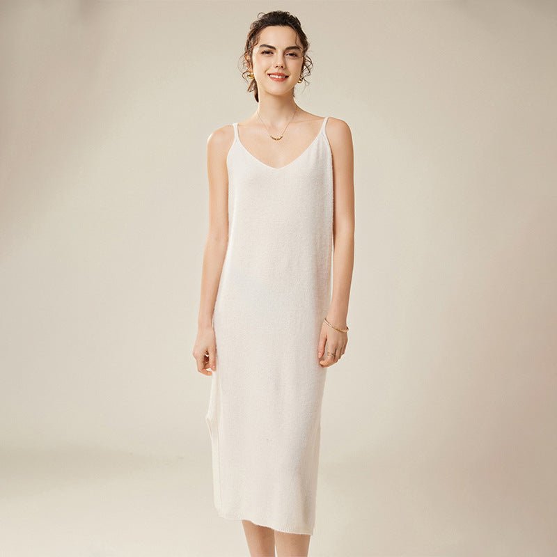 Women's V Neck Cashmere Slip Dresses Solid Cashmere Dress with Split Tea Length - slipintosoft