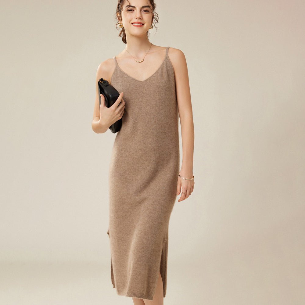 Women's V Neck Cashmere Slip Dresses Solid Cashmere Dress with Split Tea Length - slipintosoft