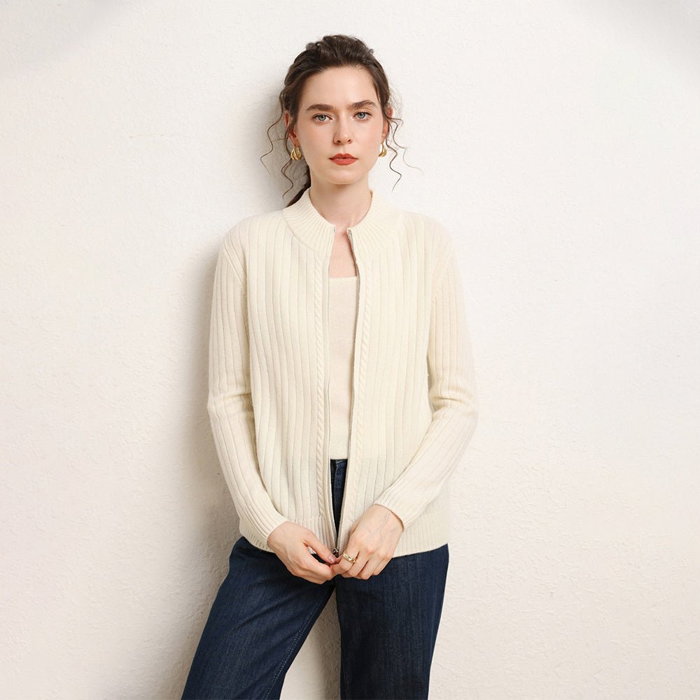 Womens Zip-Up Cashmere Cardigan Ribbed Mock Neck Cashmere Sweater Ivory XS