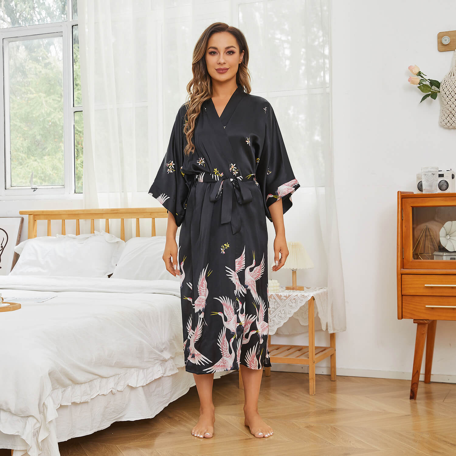 100% Silk Long Kimono Robe with Belt Women's Nighties Crane Prints - slipintosoft