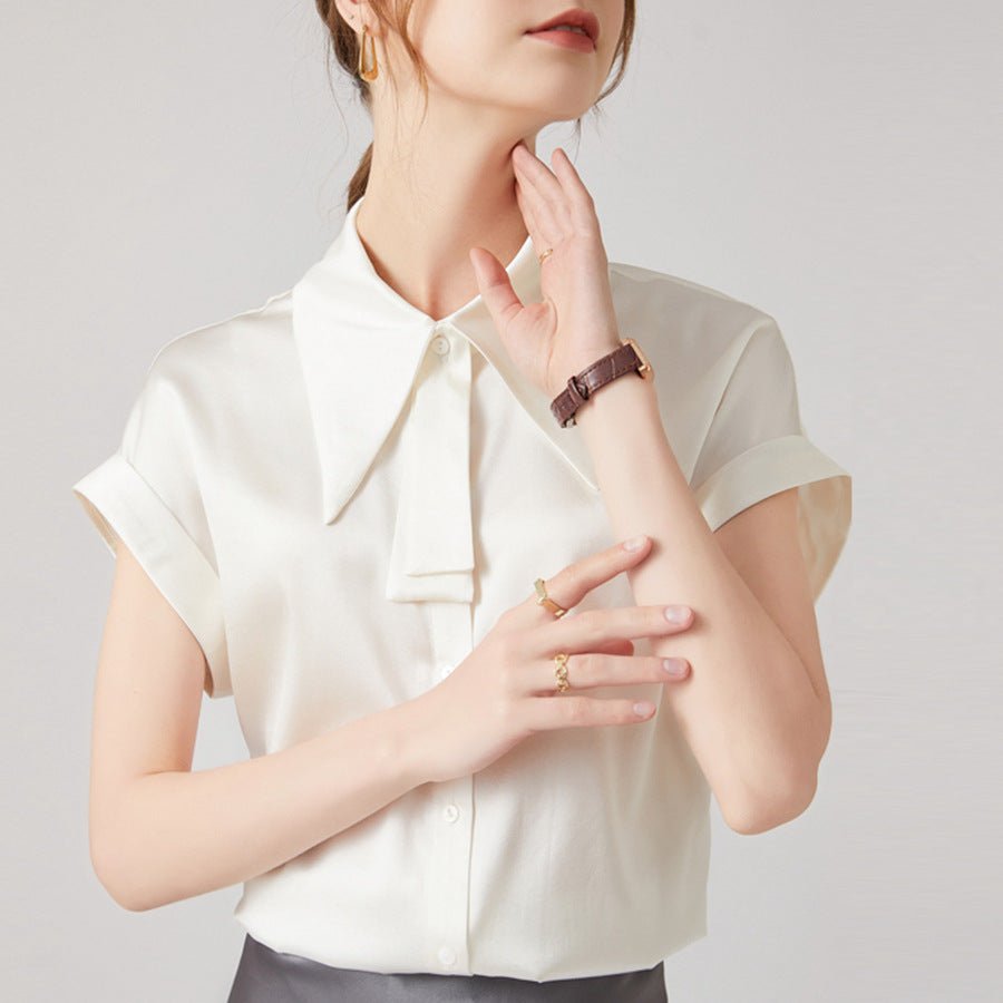 22 Momme Elegant Silk Blouse 100% Silk Short Sleeves Silk Womens Shirt Casual Office Work Tops - slipintosoft