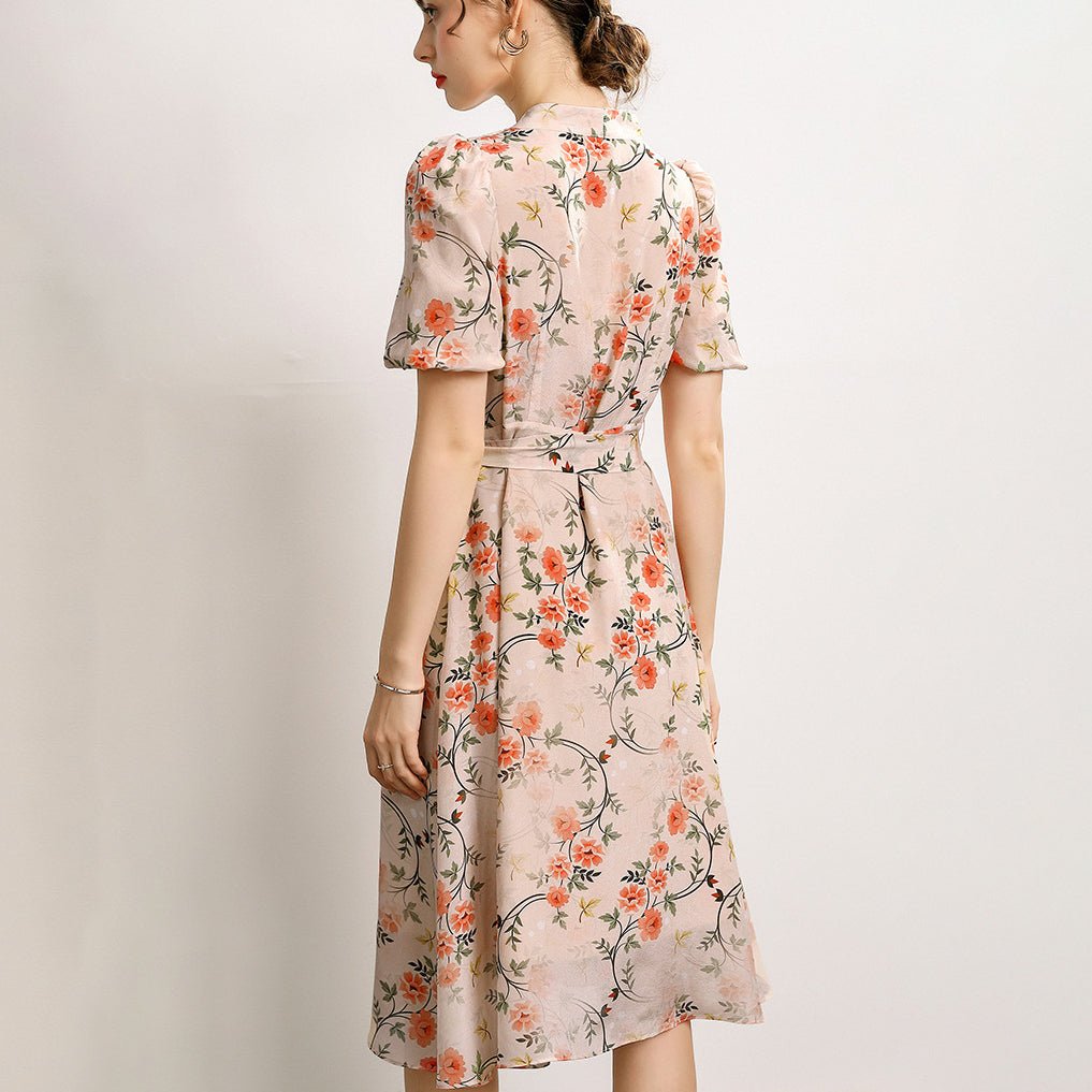 Glossy Silk Retro Floral Dress 100% Pure Silk Dress Short-Sleeves Dress Midi Silk Dress