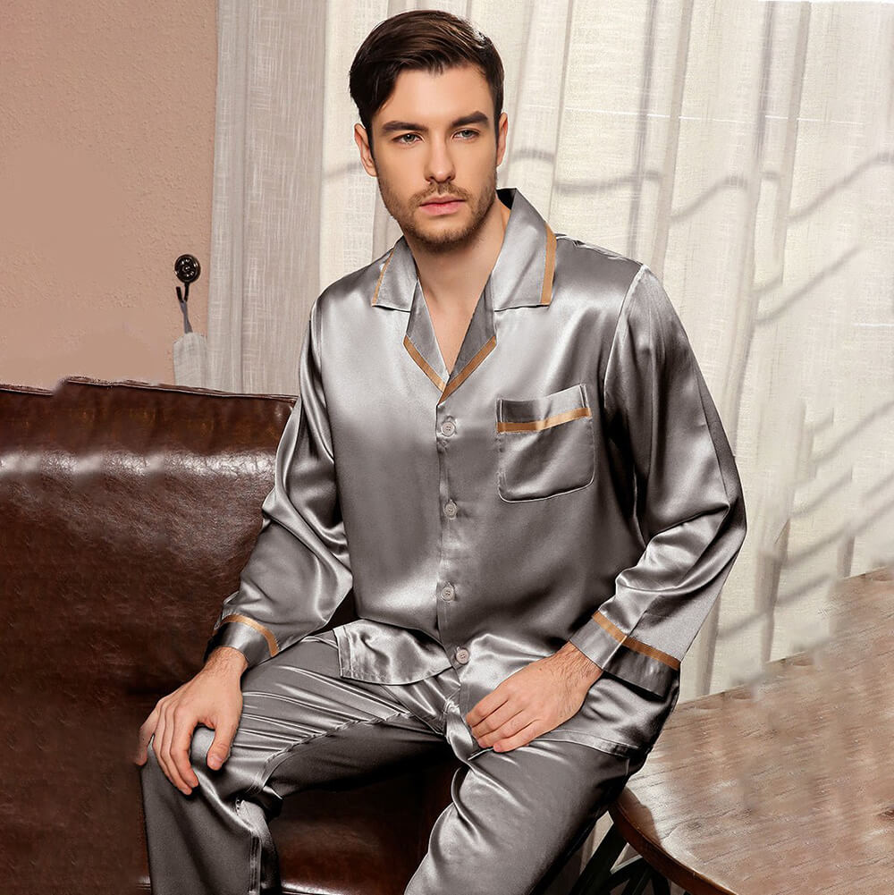 Classic Silk Pajamas Set For Men Luxury 19mm Silk Long Sleeves Sleepwear - slipintosoft