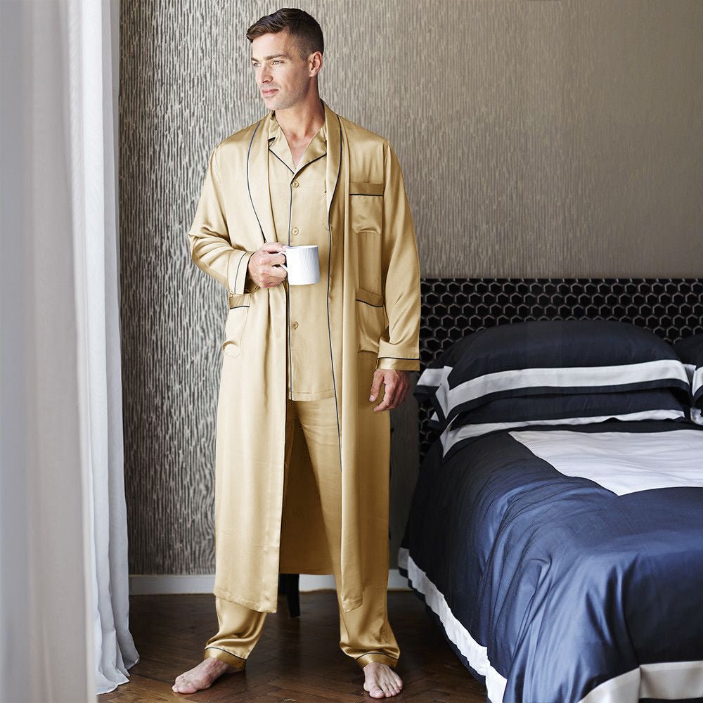 Mens Long Silk Pajamas & Robe Set for Men Full Length Silk Robe Pajamas Set
