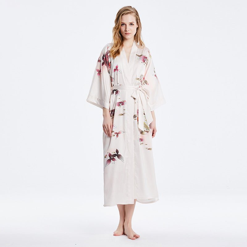 Long 100% Silk Kimono Robes lotus silk clothes Women's Handpainted Lotus lower and Fishes - slipintosoft
