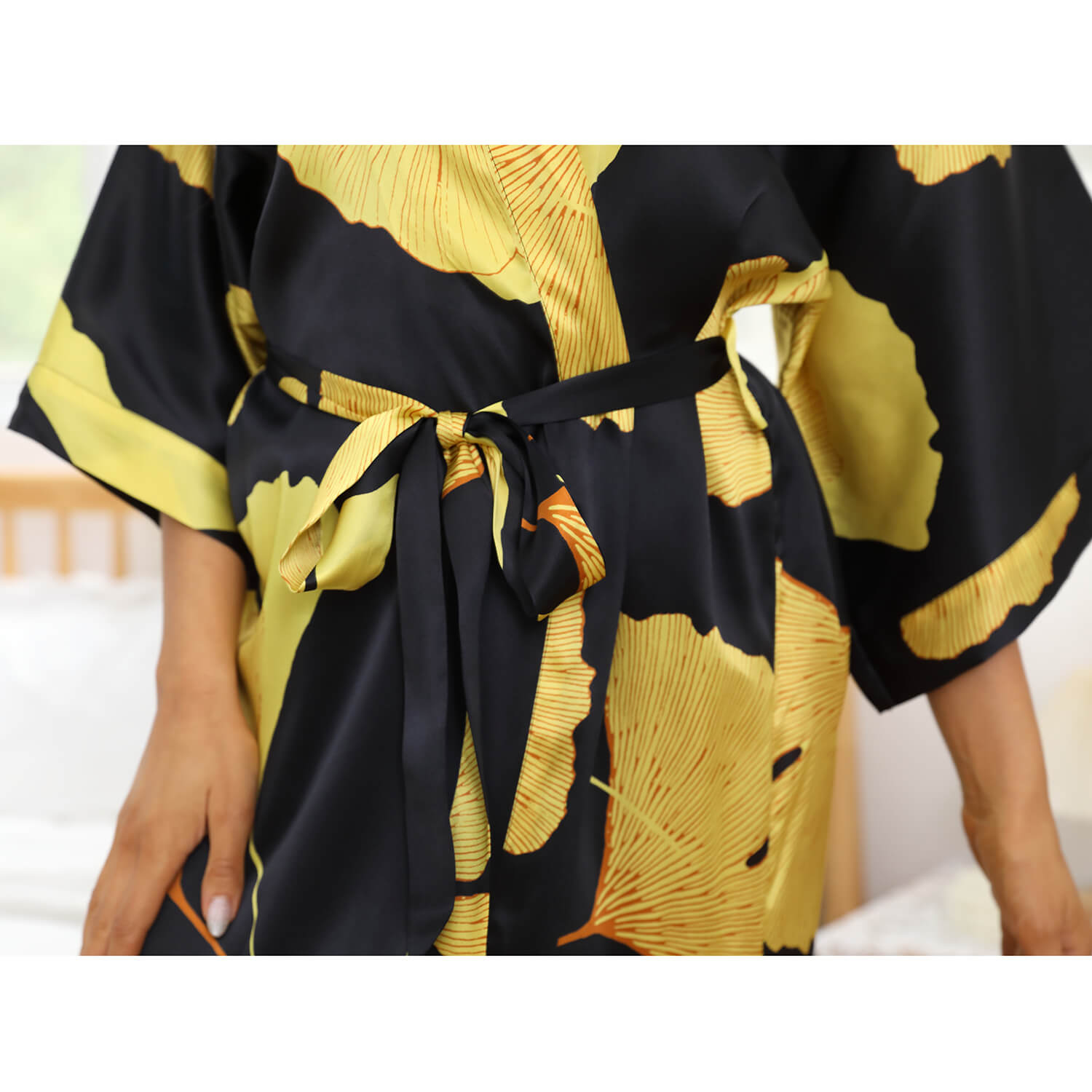 Long Sleeves 100% Pure Silk Kimono Robe Gold Ginkgo Leaf Nightwear for Ladies Women - slipintosoft