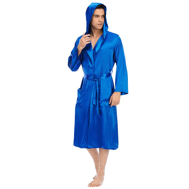 Men's Royal Blue Hooded Long Silk Robe 100% Pure Mulberry Silk - slipintosoft