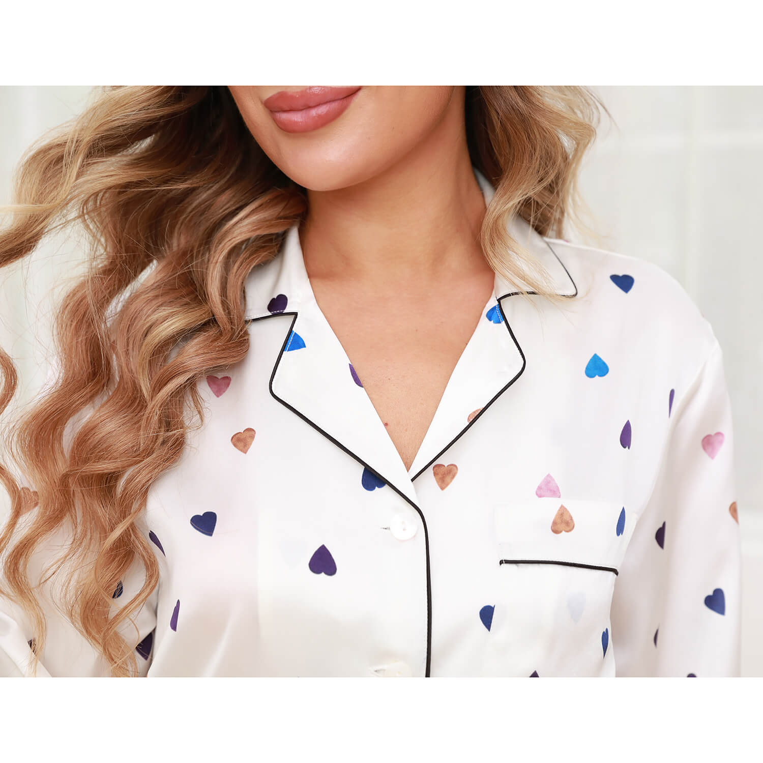 Silk Pajamas Set For Women Love Heart Printed Silk Sleepwear - slipintosoft