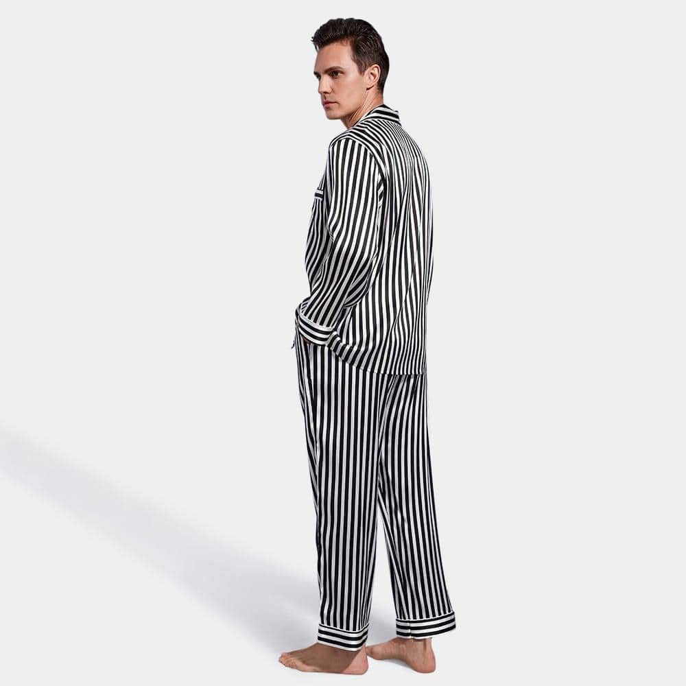 Mens Striped Long Silk Pajama Set Black And White Stripe Silk Pajamas