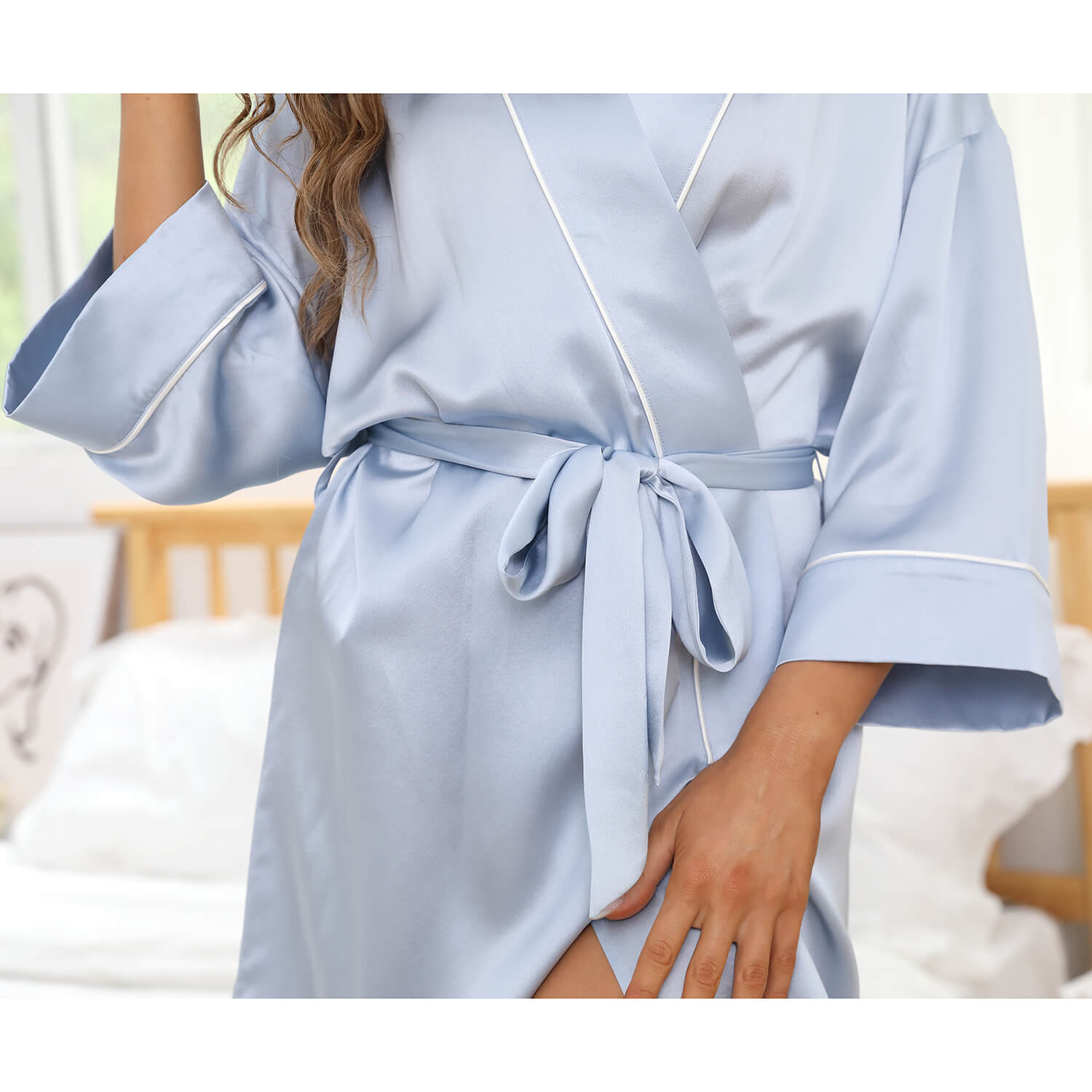Women Short Silk Robes With Trim Bridal Silk Kimono Robes Soft Silk Nightwear - slipintosoft