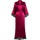 Women Silk Kimono Robe Long Bath Robe with Lace Trim - slipintosoft