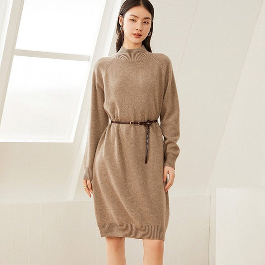 Women's Half Turtleneck Cashmere Dresses Long Cashmere Sweater Dress - slipintosoft