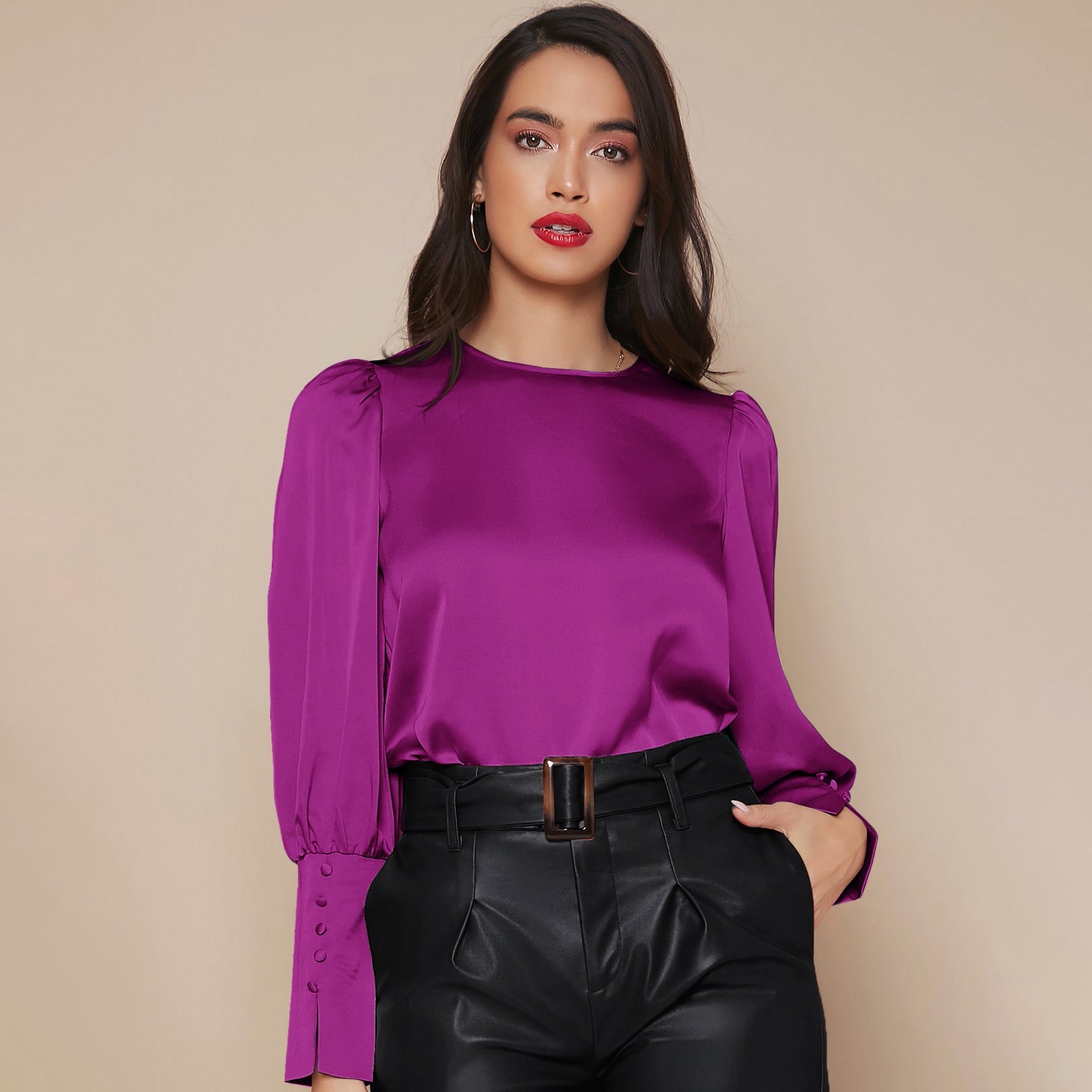 Women's Lantern Sleeve Silk Top Luxury 22mm Mulberry Long Sleeves Silk Shirt - slipintosoft