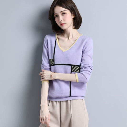 Women's Lightweight V-neck Cashmere Sweater Contrast Color Knit Sweater - slipintosoft