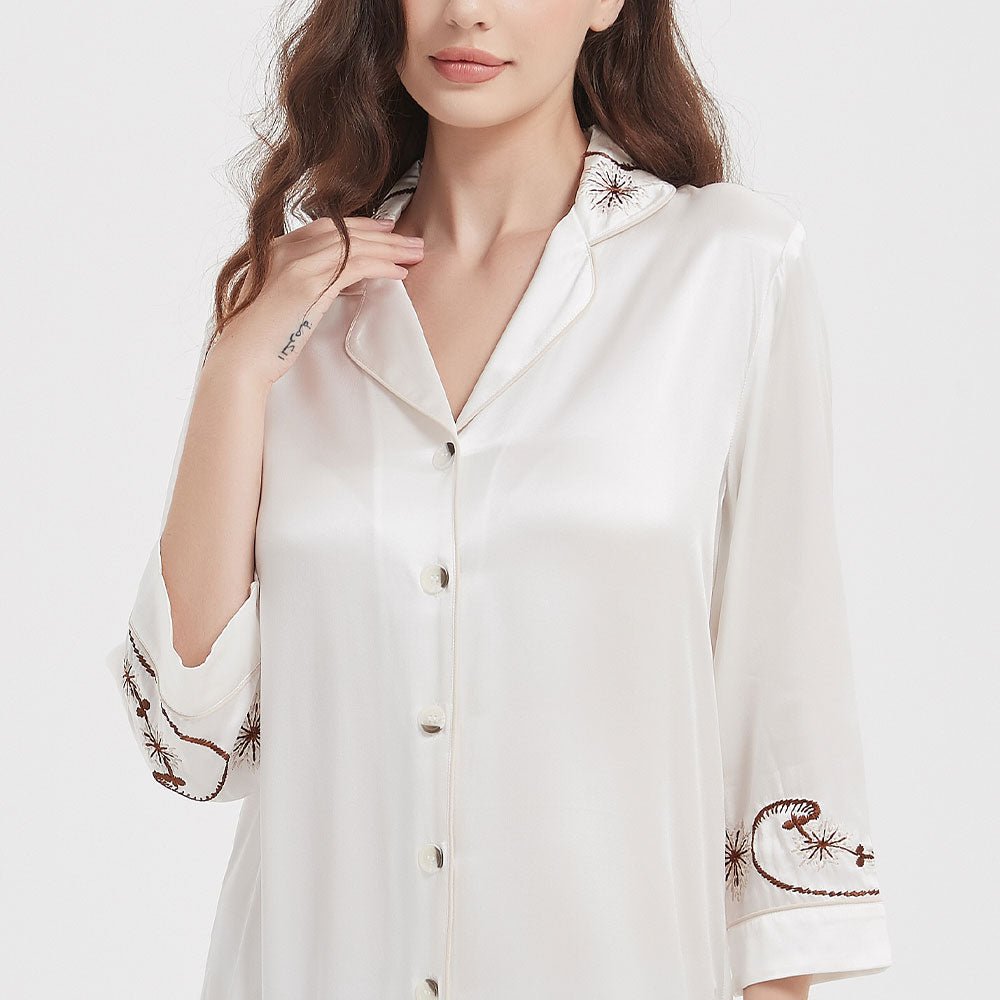 Women's Long Sleeves Button Up 22 Momme 100% Silk Nightshirts With  Embroidery