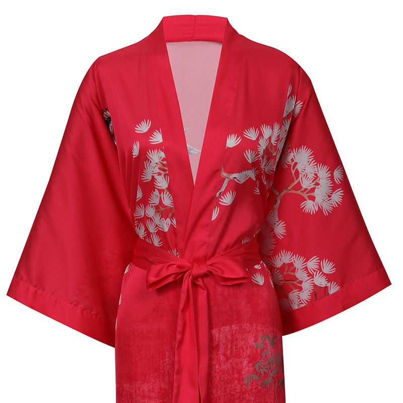 Women's Long Silk Kimono Robe with Belt Cranes Prints Landscape Painting Classic Both Robe - slipintosoft
