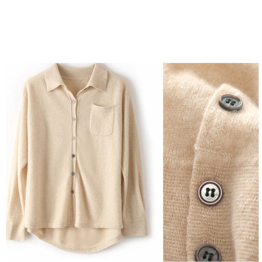 Women's Polo Neck Cashmere Cardigan Button Front Pocket Long Sleeve Cashmere Tops - slipintosoft