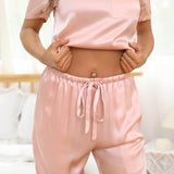 Women's Silk Pajamas Set Short Sleeve Long Pants Silk Sleepwear - slipintosoft